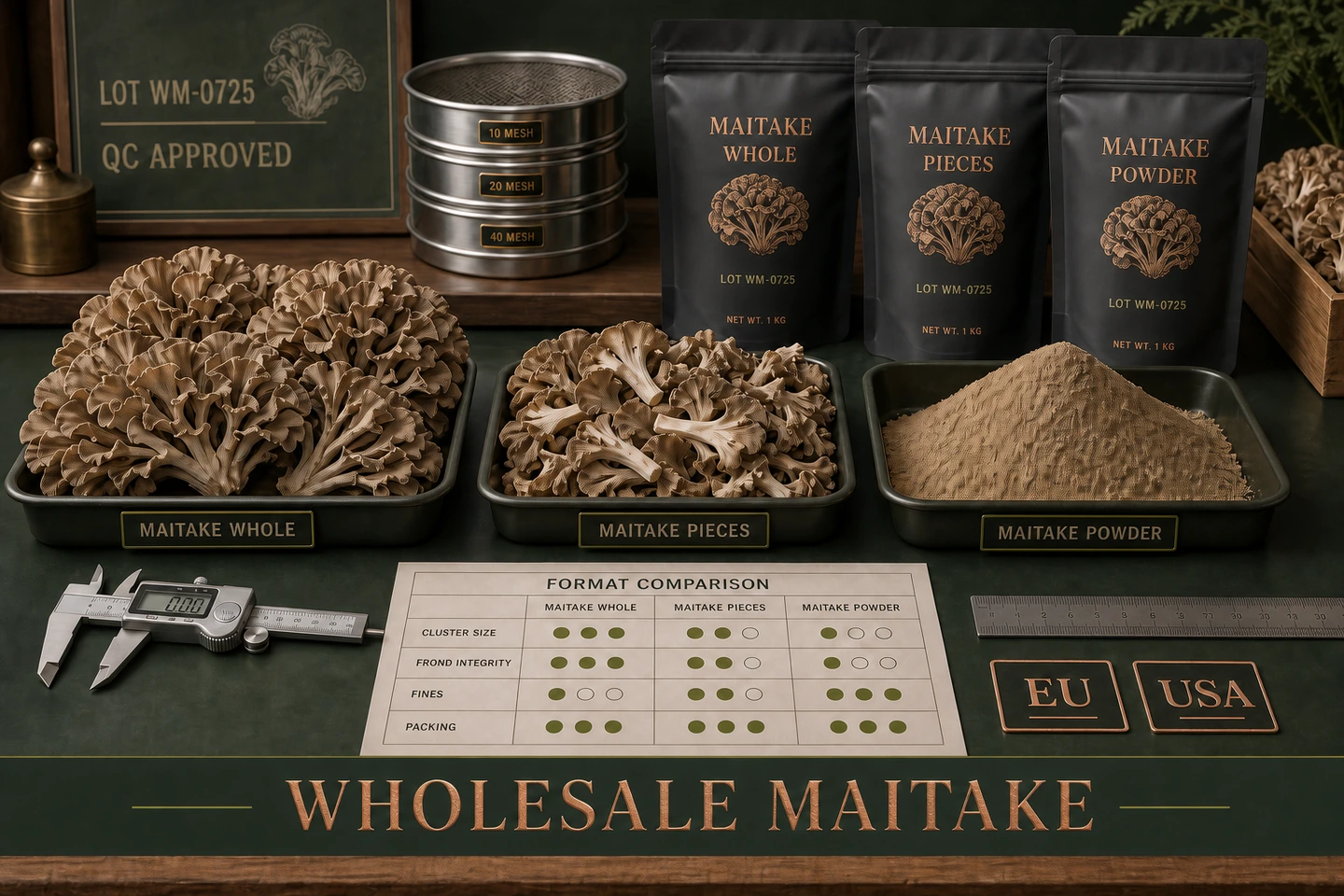 Maitake Whole Clusters, Pieces and Powder: a Wholesale Comparison - professional Maitake wholesale visual